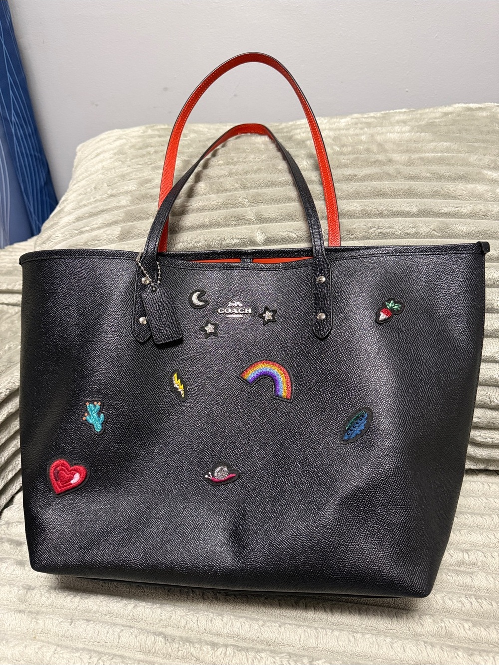 Coach Black Leather Tote with Red Handles and Embroidered Rainbow Patches